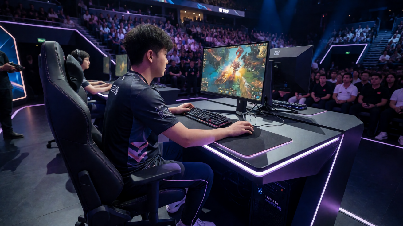 DOTA2职业比赛现场，选手专注比赛